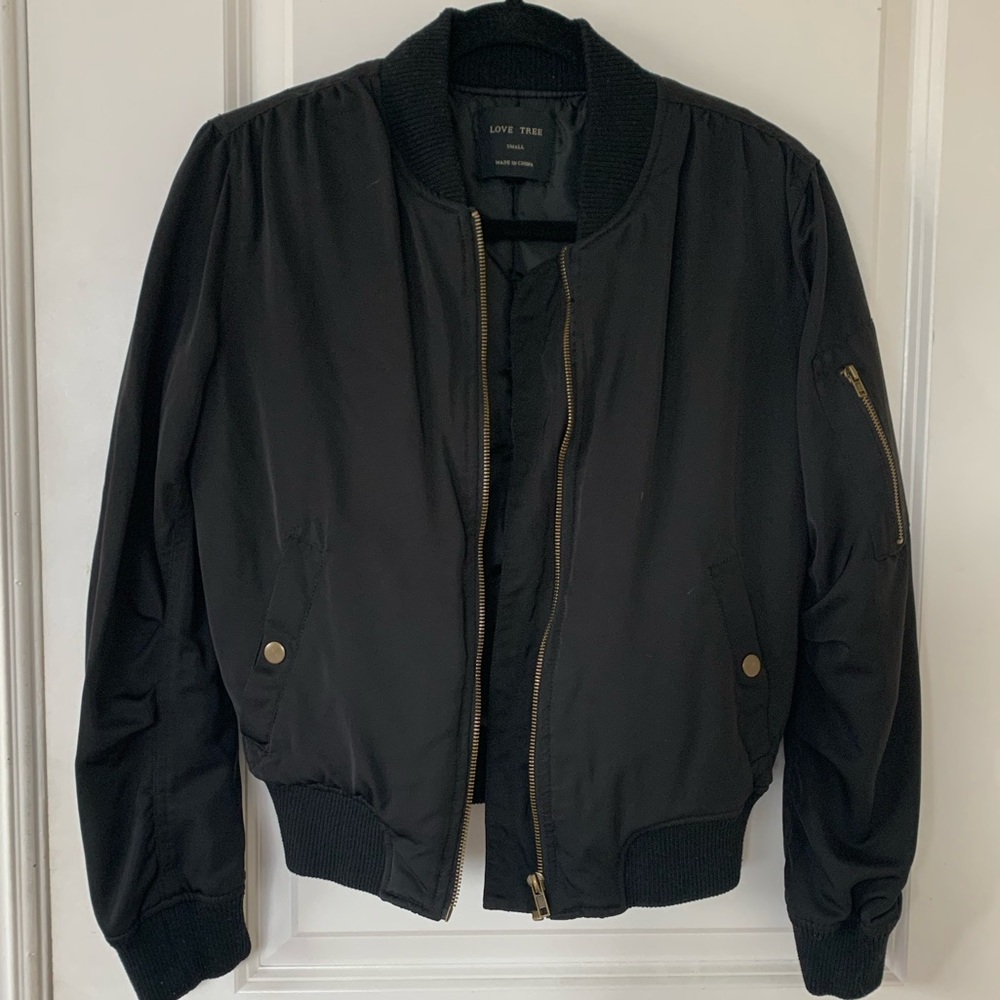 Black Bomber Jacket with Gold Buttons and Zippers